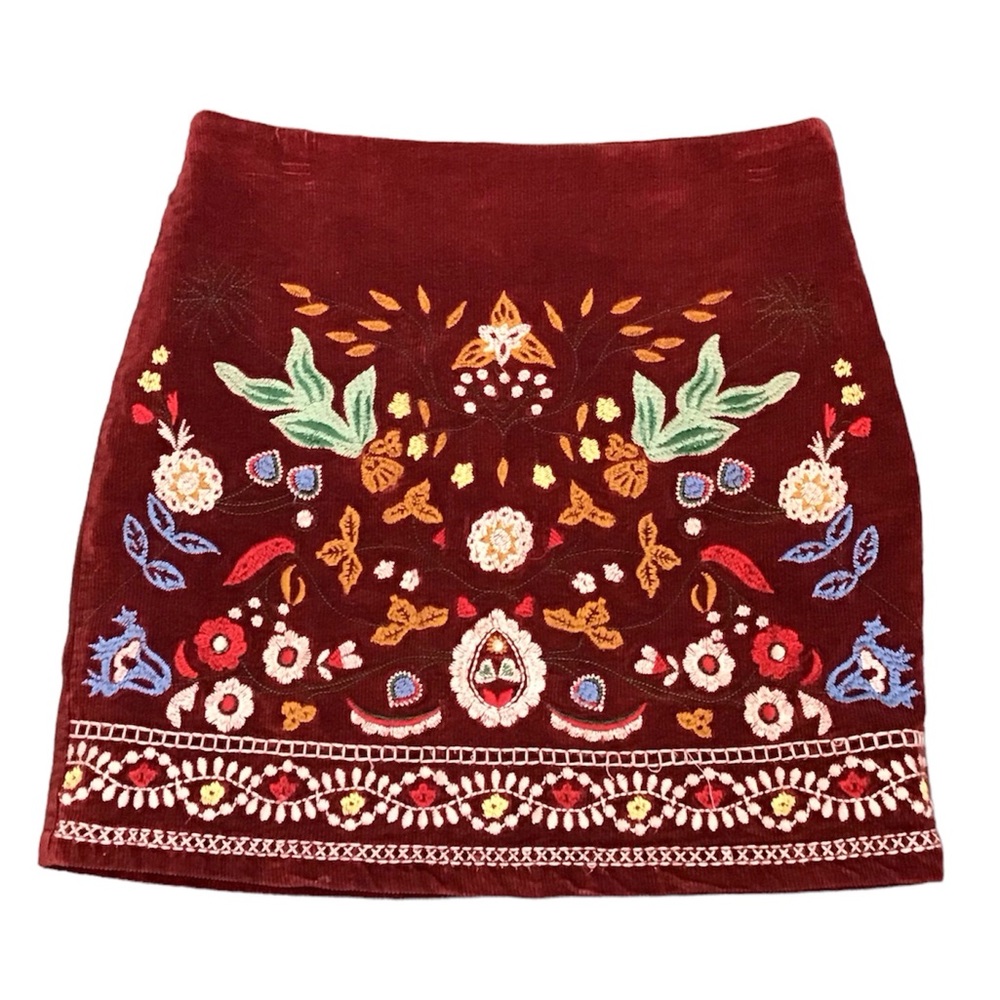 Simplee Corduroy Skirt Womens Retro Embroidered Floral Boho Mini High Waisted